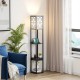 Modern standing shelf lamp with 3 open shelves, 1 power outlet, and 2 USB ports for convenient charging in living.