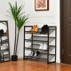 Four-tier metal shoe rack with mesh shelves, ideal for entryways, holding up to 16 pairs of shoes in a compact design.