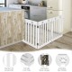 Freestanding 24-inch white wooden dog gate with 360° hinges, ideal for kitchens and doorways, featuring paw print.
