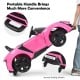 Pink 12V RC electric vehicle with portable handle, smooth rolling wheels, and LED lights for kids' fun and safety.