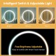 Round LED mirror with adjustable brightness on a black makeup vanity table set, featuring 4 drawers for ample storage.