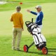Folding 3 wheels golf push cart with brake, adjustable handle, and scoreboard, shown on the green with golfers.