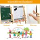 Kids art easel featuring a double-sided chalkboard and whiteboard, with adjustable height and storage for art supplies.