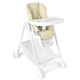 Beige baby high chair with 5-gear adjustable backrest, soft PU cushion, and 2 lockable wheels for easy mobility and.