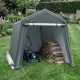 Outdoor storage shed featuring a roll-up zipper door, made of durable PE fabric, ideal for lawn mowers and garden tools.