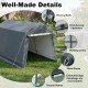 Outdoor storage shed with roll-up zipper door, made of durable PE fabric, ideal for garden tools and equipment.