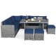 7-piece patio rattan sectional sofa set with navy cushions, includes table and ottomans for versatile outdoor seating.