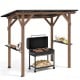 Cedar wood BBQ gazebo features a spacious design with a sloped metal roof, perfect for outdoor cooking and entertainment.