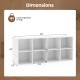 Dimensions of the 8-cube bookshelf in white, featuring a 180 lbs load capacity and anti-tipping kits for safety.