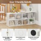 8-cube white bookshelf with anti-tipping kits, screw hole covers, and protective foot pads for organized storage.