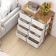 8-drawer dresser with removable fabric bins in beige, featuring a sturdy bamboo frame and spacious top for display.