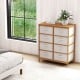 8-drawer dresser with sturdy bamboo frame and beige removable fabric bins, designed for versatile storage in any room.