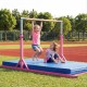 Children practicing gymnastics on 8 FT double horizontal bars with adjustable heights and widths, set on a blue mat.