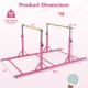 Double horizontal bars in pink with adjustable height and width, designed for gymnastics training and kids' safety.