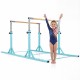 Double horizontal bars in green with adjustable heights, perfect for kids' gymnastics training at home or in schools.