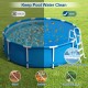 Round solar pool cover showing before and after effects, made of durable PE material, reduces evaporation and keeps.
