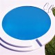 Round solar pool cover in blue, 8 feet, made of durable PE material, prevents debris and retains heat for swimming.
