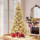 Snow-flocked 8-foot artificial Christmas tree with warm white LED lights, surrounded by colorful wrapped gifts.