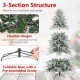 8-foot snow-flocked artificial Christmas tree with pre-lit warm white LED lights and hinged branches for easy setup.