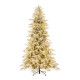 8-foot snow-flocked artificial Christmas tree with warm white LED lights, featuring a hinged design and foldable metal.