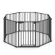 8-panel adjustable baby gate in black with auto-close door, ideal for child safety and pet containment in various.