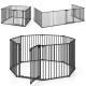 8-panel adjustable baby gate in black with auto-close door, ideal for safety around stairs and fireplaces.