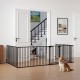 8-panel adjustable pet safety fence in black with auto-close door, ideal for keeping pets safe in various spaces.