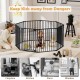 8-panel black baby gate with auto-close door, adjustable from 34.5-154", ideal for keeping kids safe from dangers.