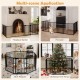 8-panel black baby gate with auto-close door, adjustable for safety around fireplaces, stairs, and play areas.