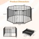 Dimensions of the 8-panel black baby gate safety fence, adjustable for various openings, with auto-close door feature.