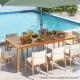 Rectangular acacia wood dining table for 8 with umbrella hole, perfect for outdoor gatherings by the pool.