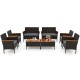 8-piece patio wicker sofa set featuring 4 rattan chairs, 2 loveseats, and 2 tables with acacia wood accents for outdoor.