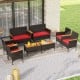 Full view of the 8 Piece Patio Wicker Sofa Set with red cushions, perfect for stylish outdoor gatherings and relaxation.