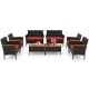 Overview of the 8 Piece Patio Wicker Sofa Set with red cushions, showcasing flexible arrangement for outdoor spaces.