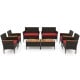 8-piece patio wicker sofa set featuring 4 rattan chairs and 2 loveseats with red cushions and acacia wood accents.