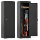Large black gun cabinet with 8 rifle storage, top shelf, and secure locking system for safety in living spaces.