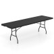 Portable 8 ft folding table in black with HDPE tabletop, supports 350 lbs, ideal for outdoor picnics and camping.