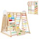 Colorful 8-in-1 foldable indoor jungle gym for kids features solid wood, swing, monkey bars, and climbing elements.