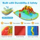 Giant bounce house with two long slides, climbing walls, and splash pool, made of waterproof 420D Oxford cloth for yard.