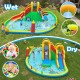 Giant bounce house with two slides, splash pool, and games for kids' outdoor fun at yard parties and gatherings.