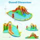 Overall dimensions of the 8-in-1 Giant Bounce House featuring slides, climbing walls, and splash pool for yard parties.
