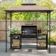 Grill gazebo with a rustic brown polyester canopy, featuring two shelves and six hooks for organized cooking.