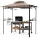 Grill gazebo with a rustic brown metal frame, featuring a polyester canopy, 2 shelves, and 6 hooks for outdoor cooking.