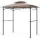 Grill gazebo with rustic brown metal frame, double-tiered roof, 2 shelves, and 6 hooks for outdoor cooking convenience.