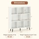 8-cube bookcase in white with tapered metal legs, featuring dimensions and weight capacity details for versatile.