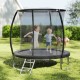 Children jumping on an 8FT outdoor trampoline with a black enclosure net and sturdy ladder for safe fun.
