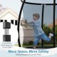 Child bouncing on the 8FT outdoor trampoline with safety net and curved poles, featuring anti-collision foam sleeves.