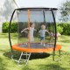 Children joyfully jumping on the 8FT outdoor trampoline with an orange safety pad and enclosure net in a grassy yard.