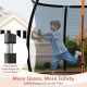 Child bouncing on the 8FT outdoor trampoline with safety net and curved poles, designed for fun and stability.