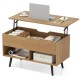 Lift-top coffee table in natural finish with hidden storage and open shelves, ideal for versatile home use.